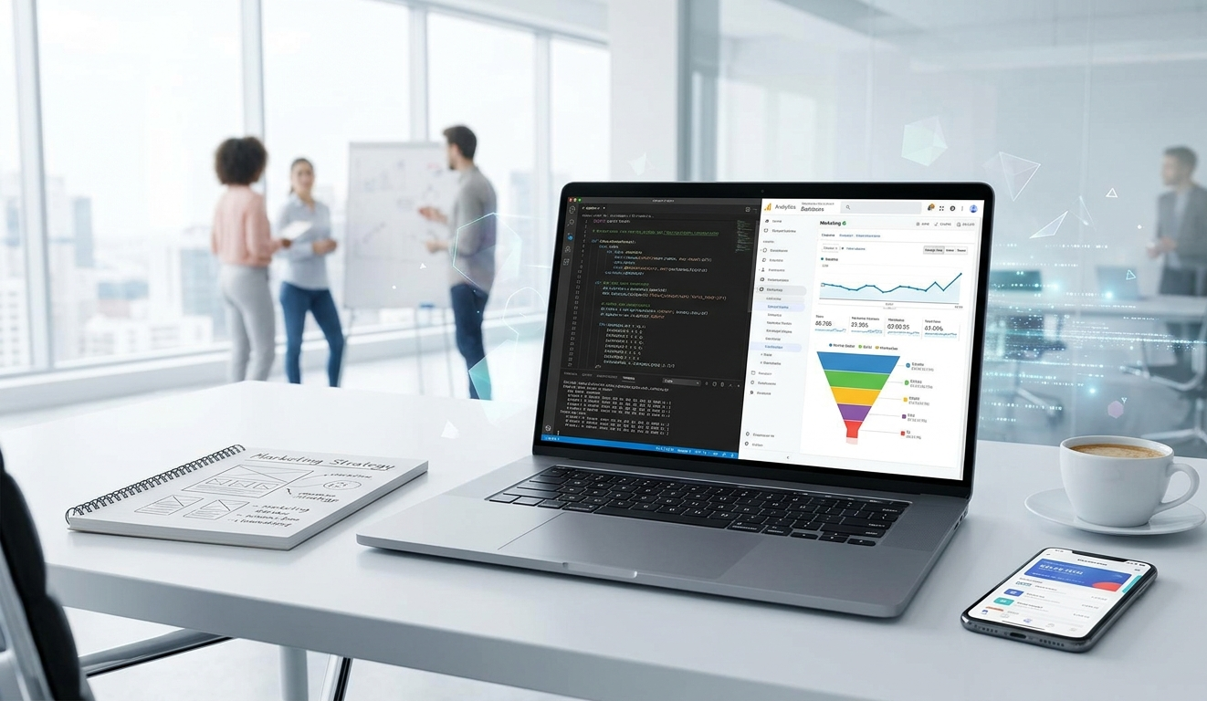 Business analytics meeting with dashboards on large screen and devices